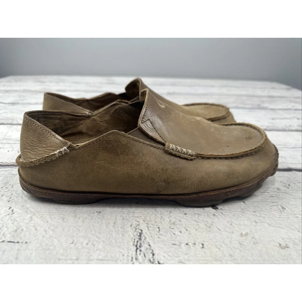 OluKai Moloa Slip On Shoes Brown Leather Loafers Fold Down 10128-2733 Size 10.5